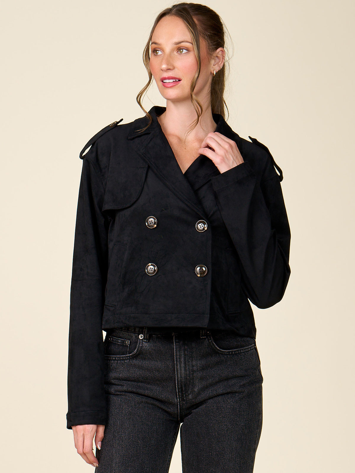 Cropped Double Breasted Faux Suede Trench Coat