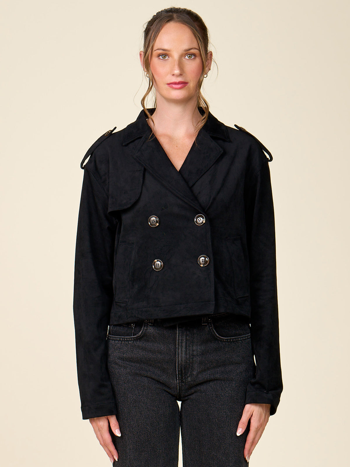 Cropped Double Breasted Faux Suede Trench Coat
