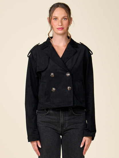 Cropped Double Breasted Faux Suede Trench Coat