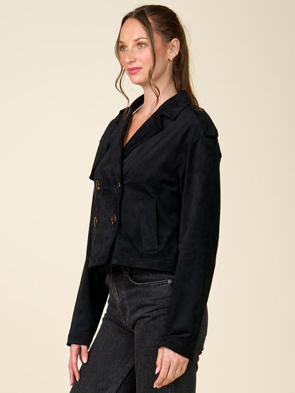 Cropped Double Breasted Faux Suede Trench Coat
