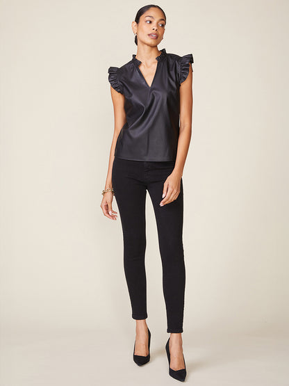 Morrison Vegan Leather Ruffle V-Neck Top