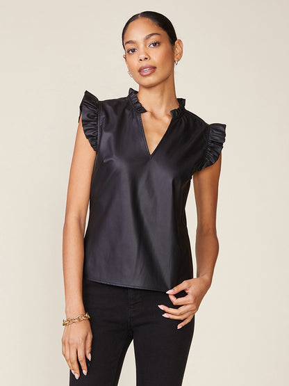 Morrison Vegan Leather Ruffle V-Neck Top