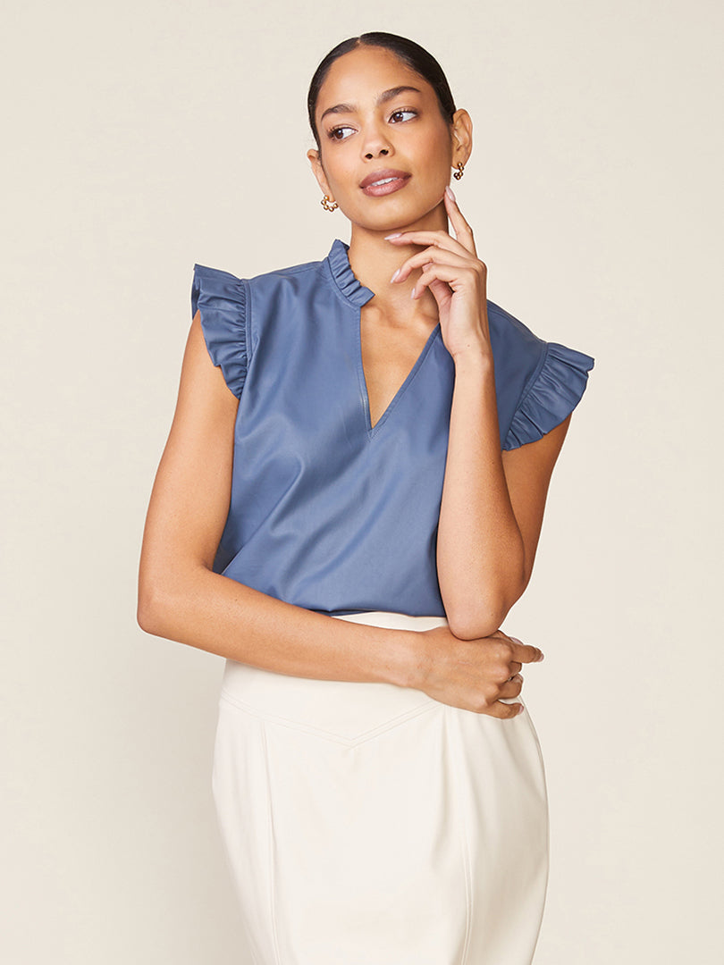 Morrison Vegan Leather Ruffle V-Neck Top