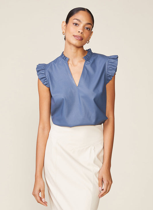 Morrison Vegan Leather Ruffle V-Neck Top