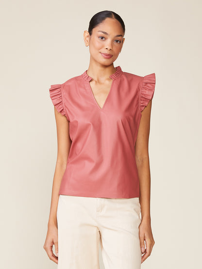 Morrison Vegan Leather Ruffle V-Neck Top