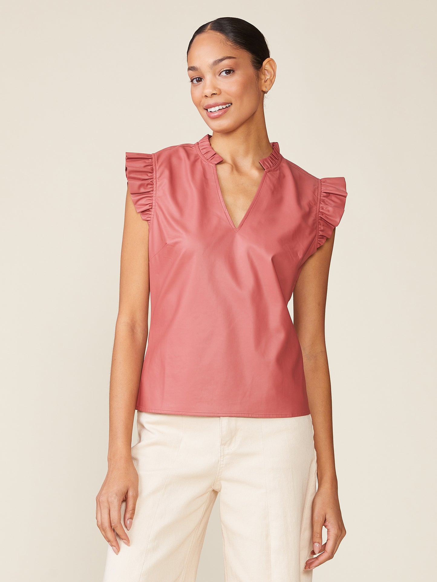 Morrison Vegan Leather Ruffle V-Neck Top