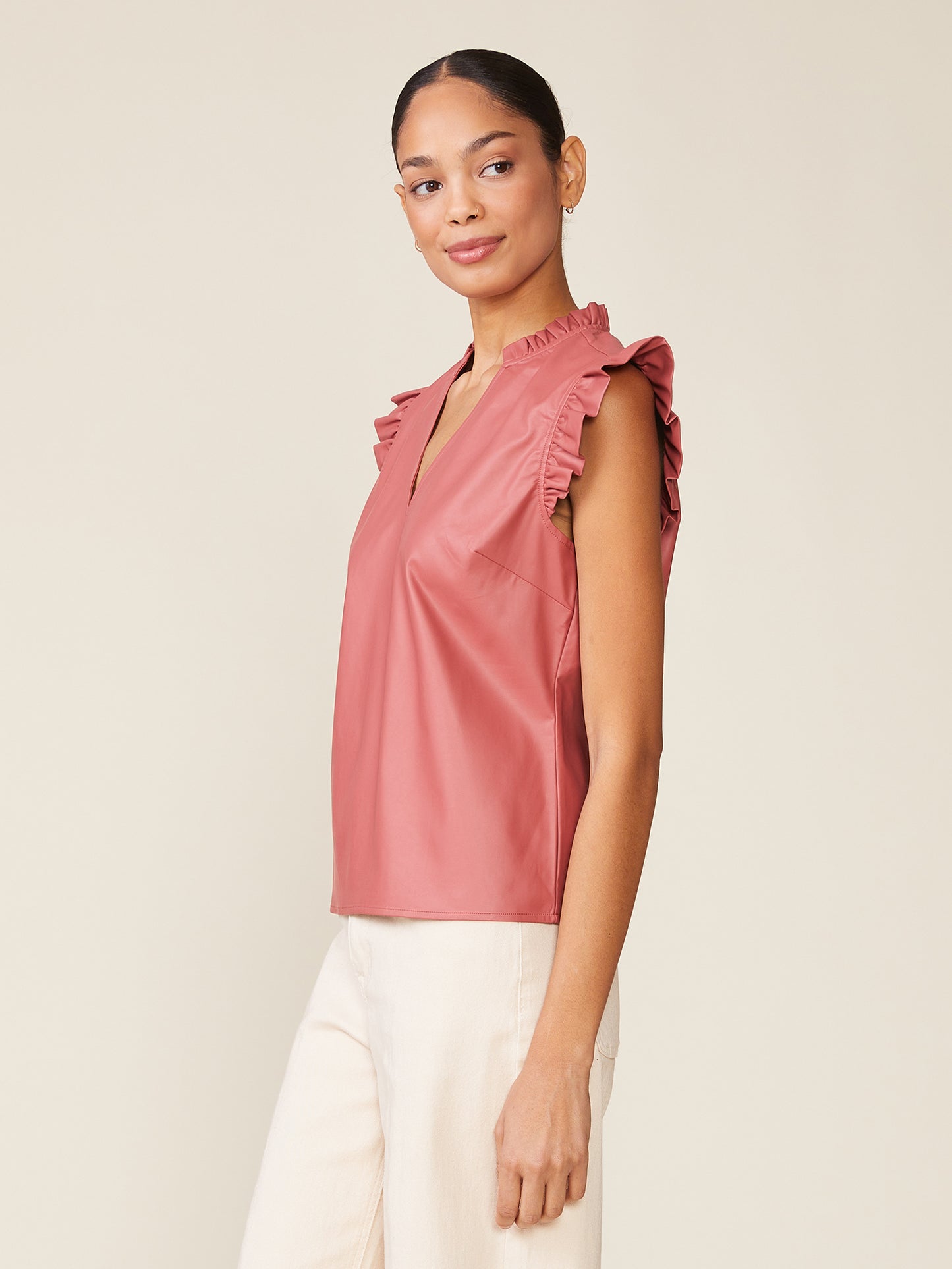 Morrison Vegan Leather Ruffle V-Neck Top