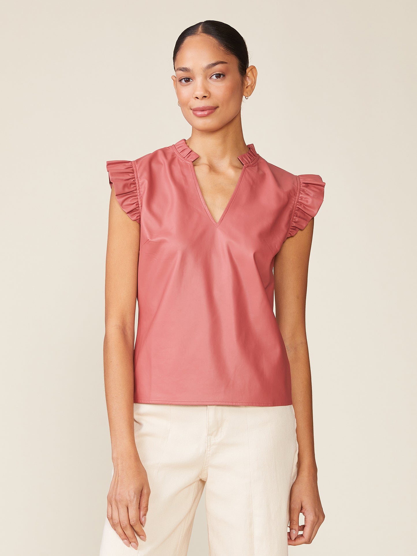 Morrison Vegan Leather Ruffle V-Neck Top