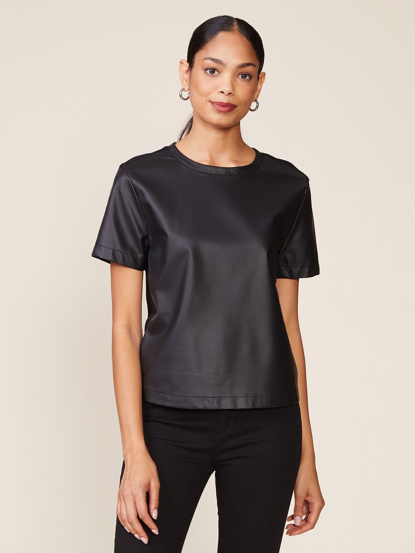 Vegan Leather Ponte Mix Short Sleeve Tee