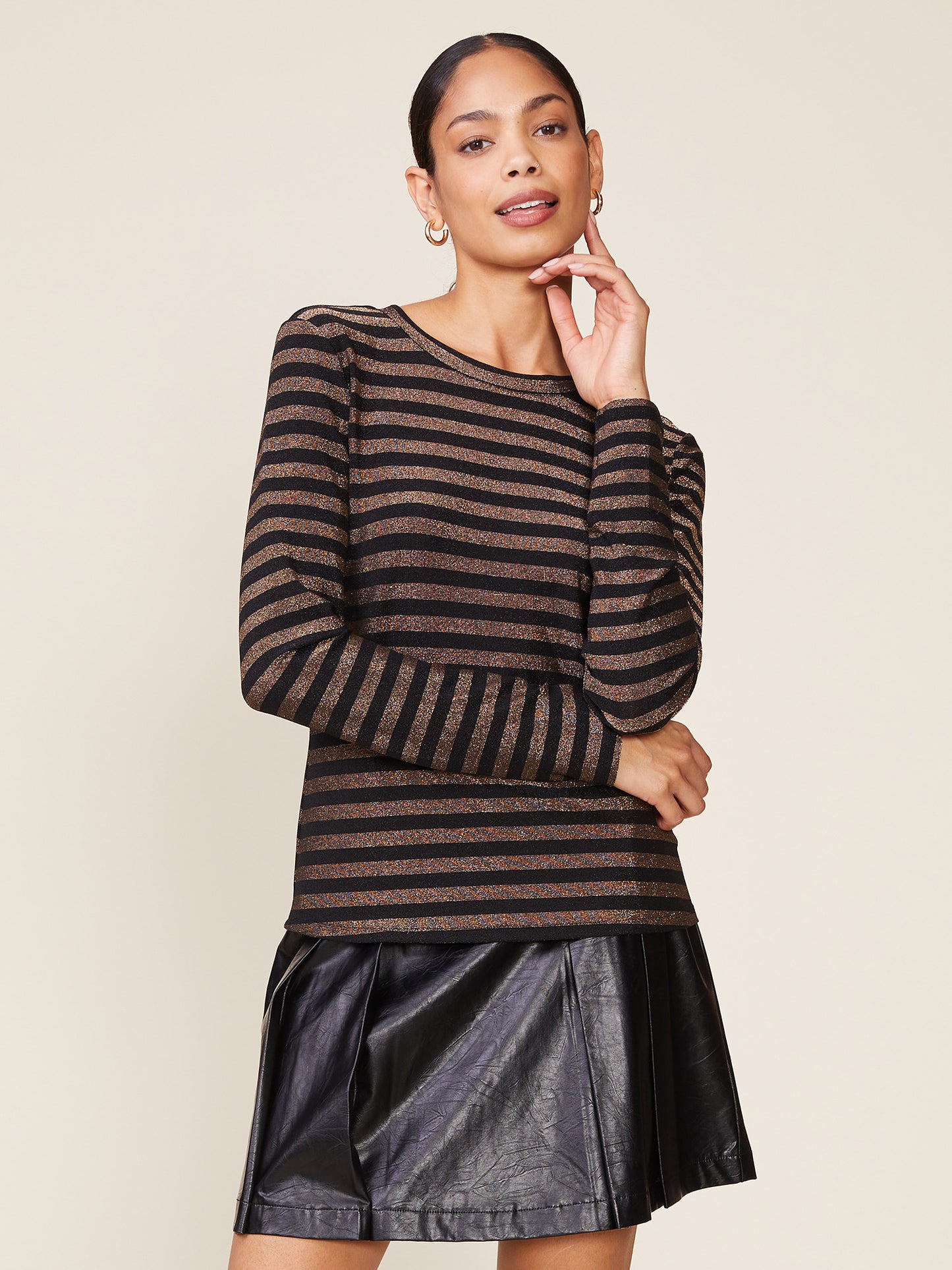 Long Sleeve Glitter Stripe Fitted Tee