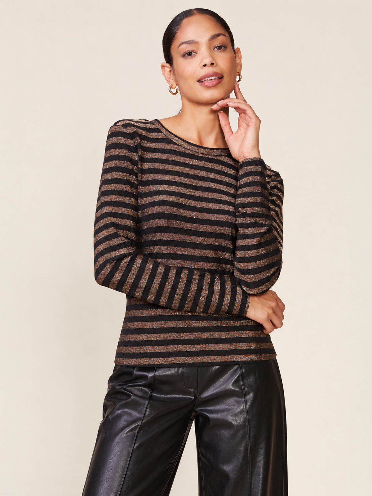 Long Sleeve Glitter Stripe Fitted Tee