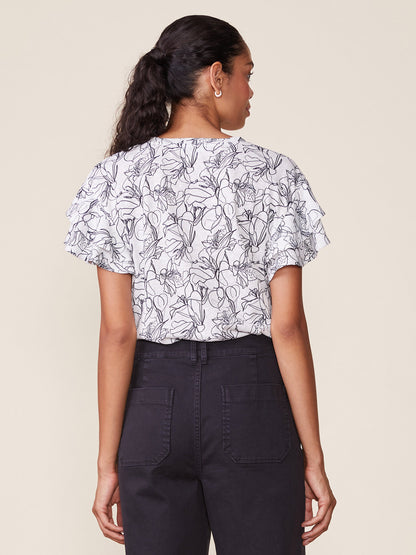Printed Linen Like Ruffle Tee
