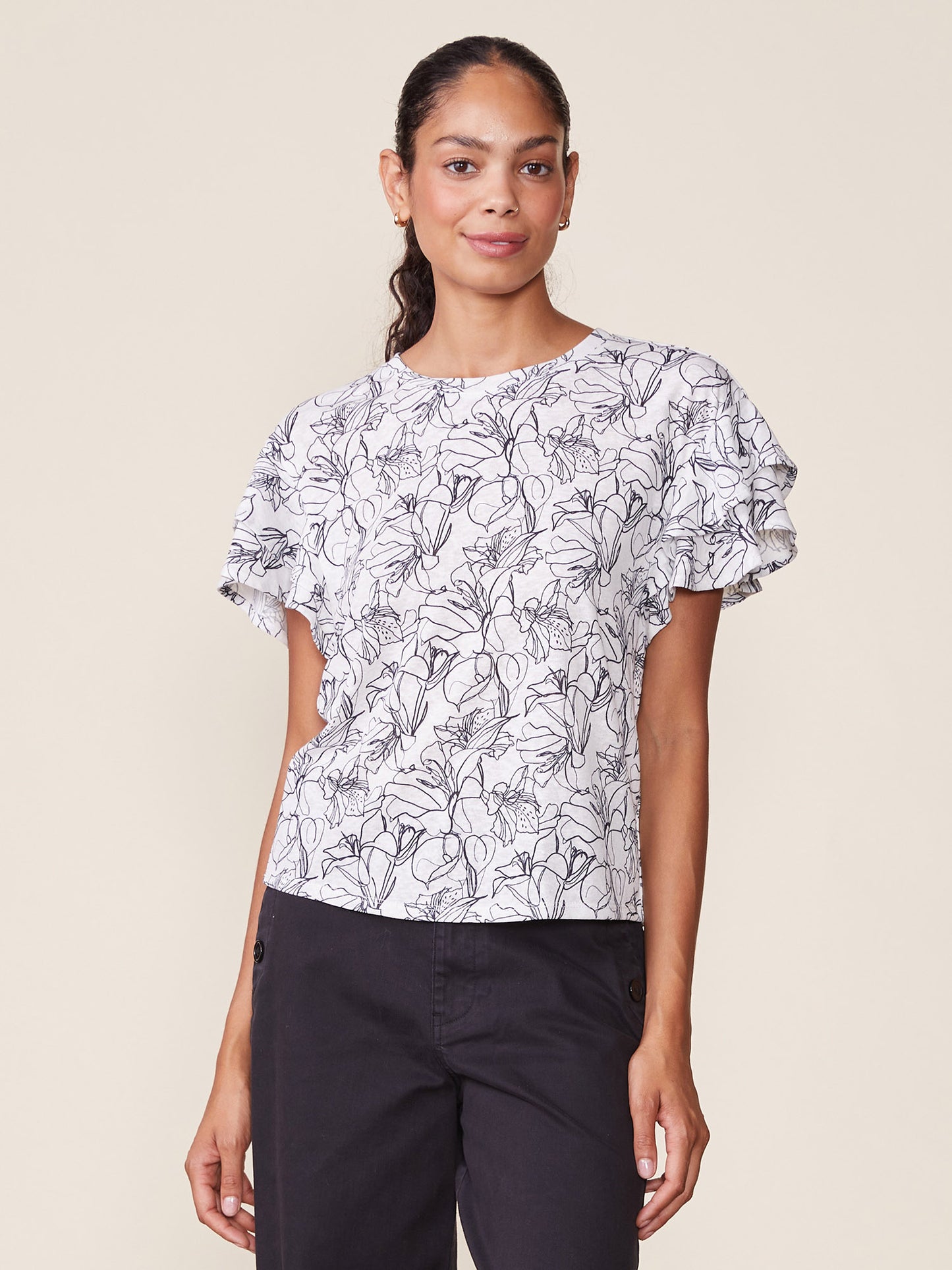 Printed Linen Like Ruffle Tee