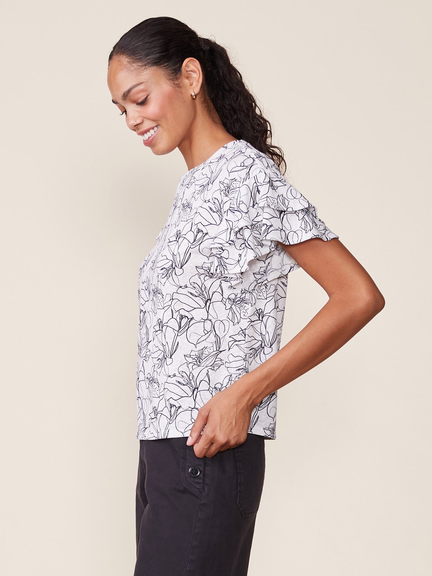 Printed Linen Like Ruffle Tee