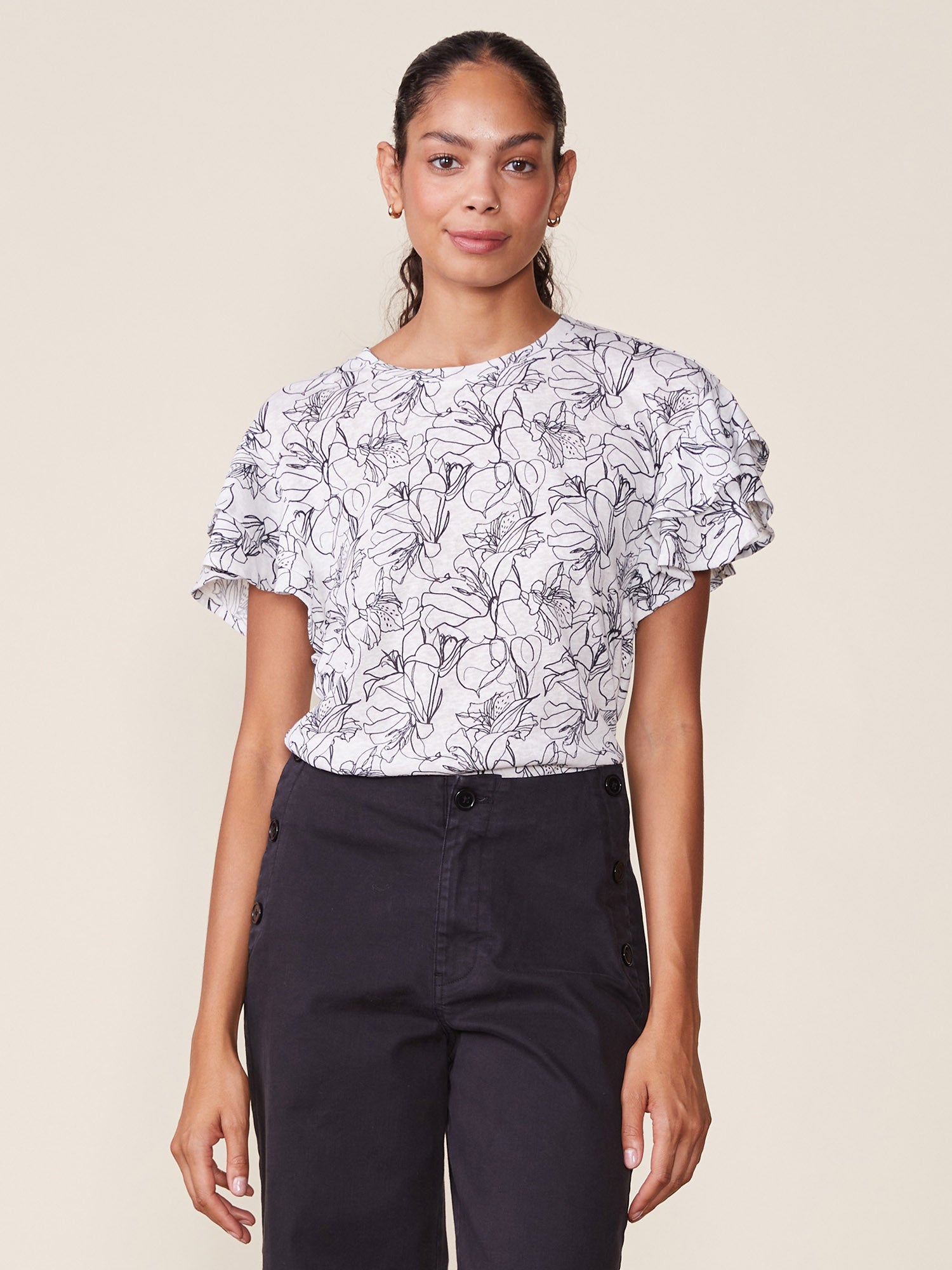 Printed Linen Like Ruffle Tee
