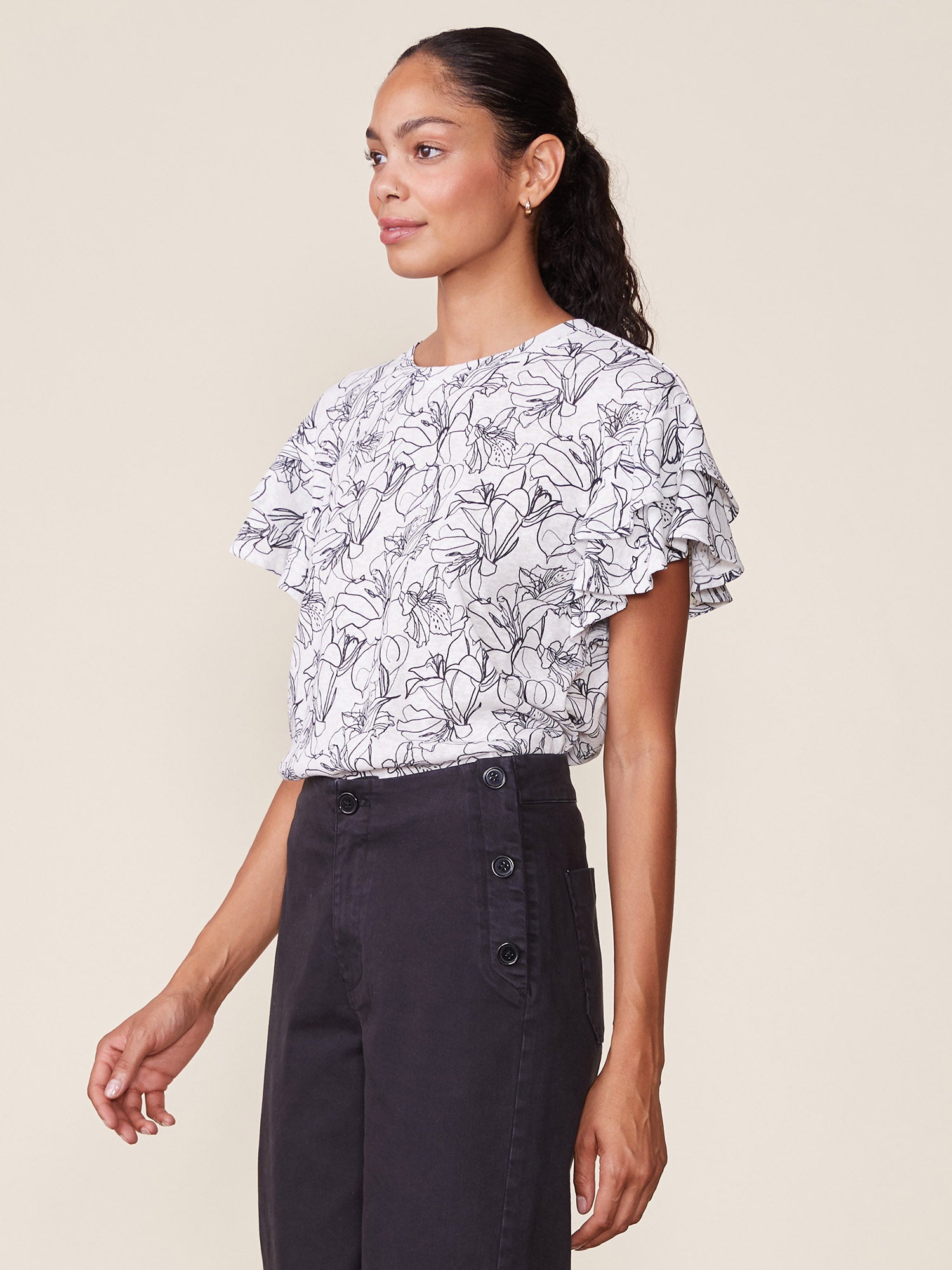 Printed Linen Like Ruffle Tee
