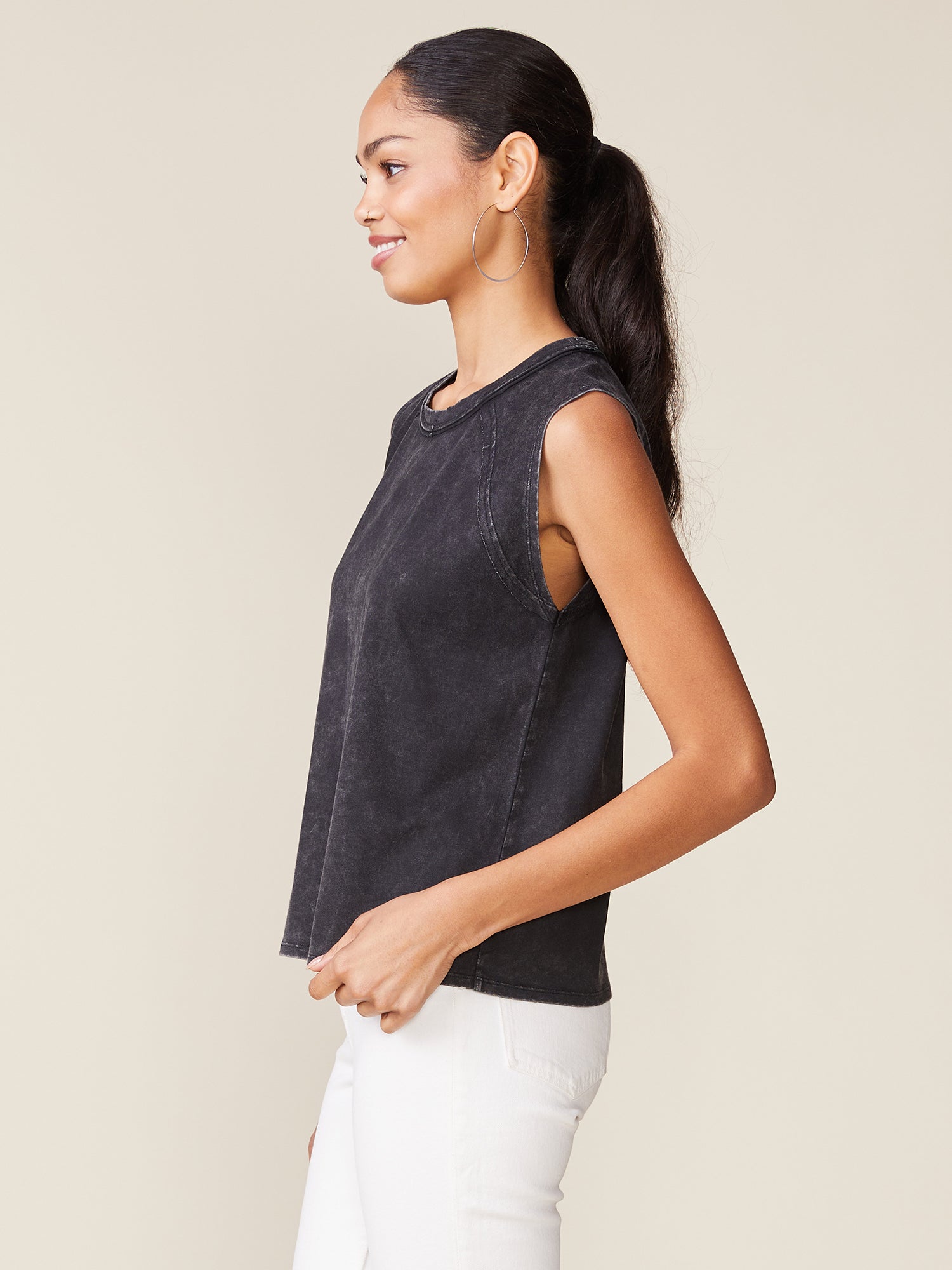 Washed Raw Edge Seamed Muscle Tank - Washed Black