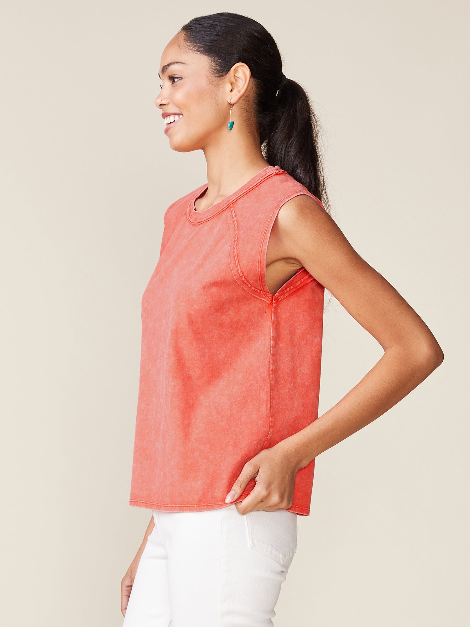 Washed Raw Edge Seamed Muscle Tank - Washed Red Alert