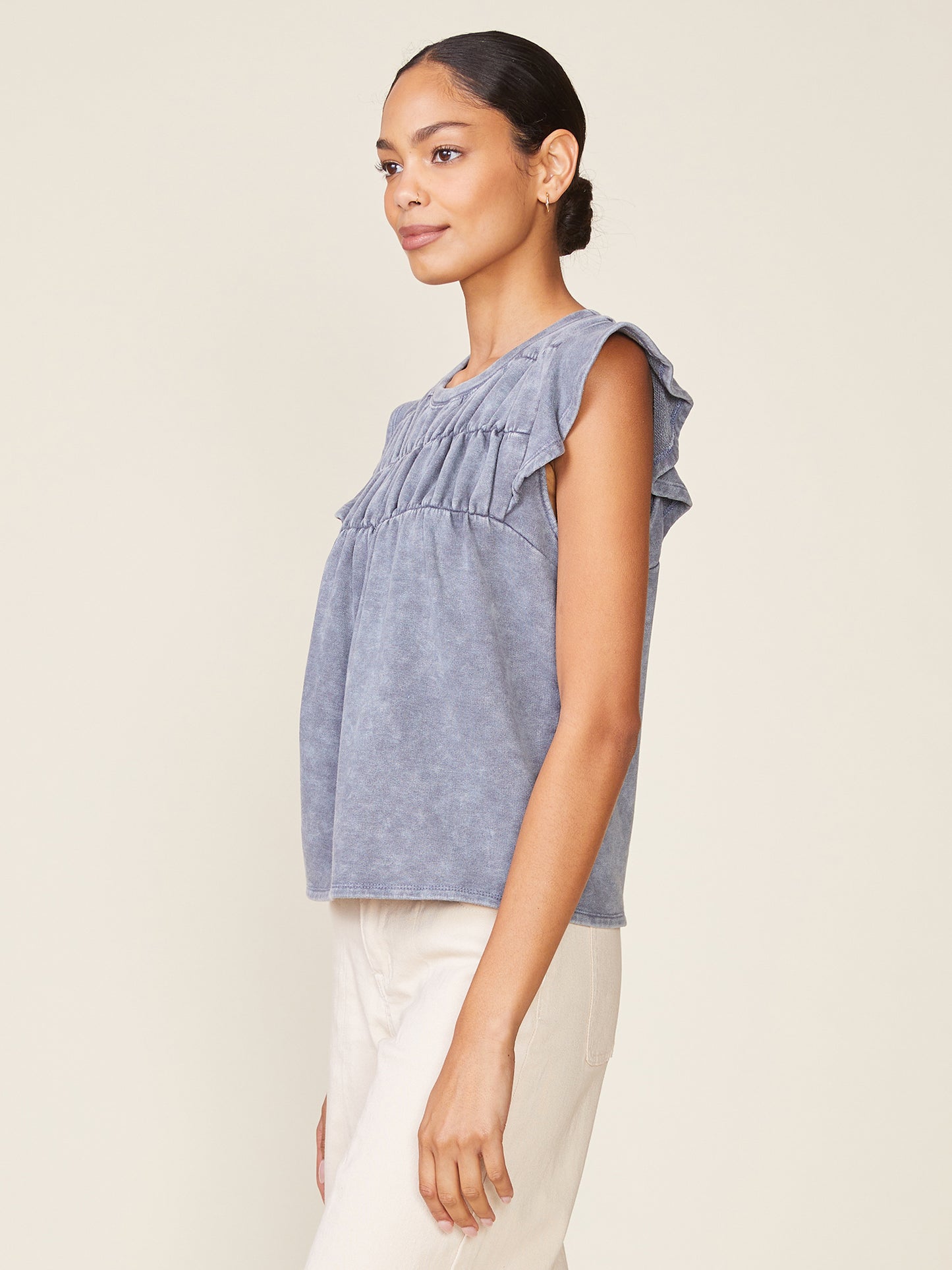 Washed Flutter Sleeve Shirring Detail Top