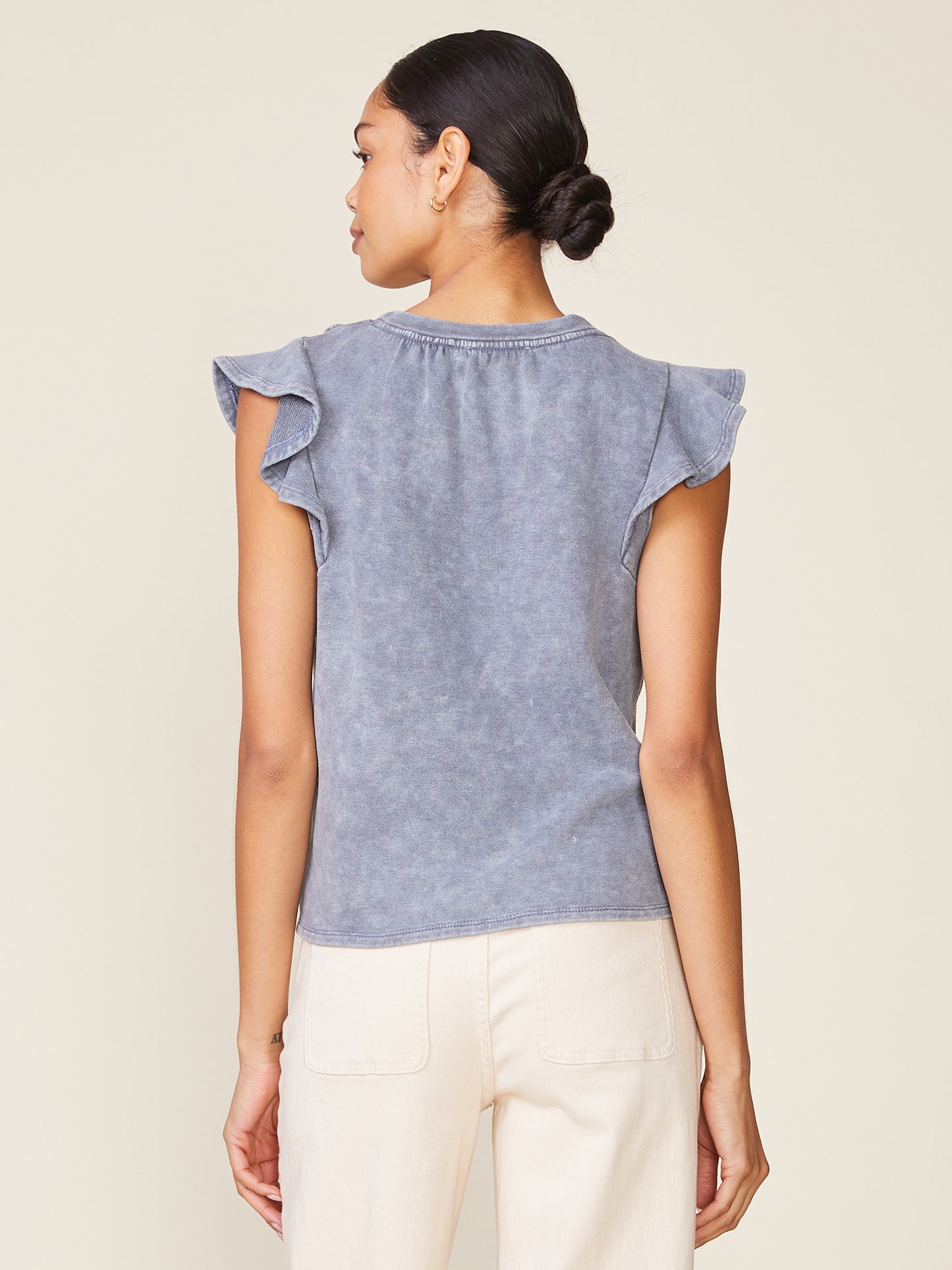 Washed Flutter Sleeve Shirring Detail Top