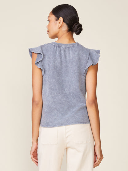 Washed Flutter Sleeve Shirring Detail Top