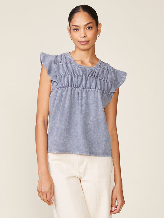 Washed Flutter Sleeve Shirring Detail Top