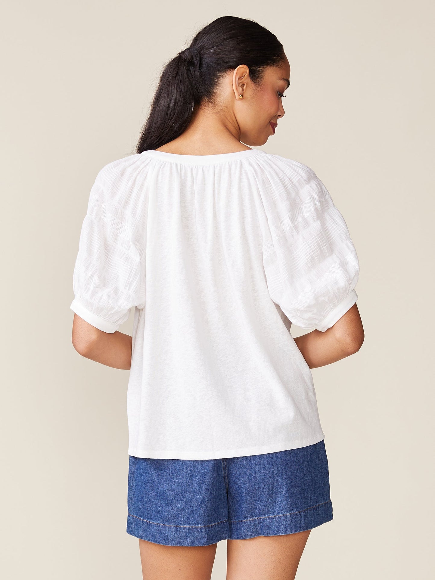Textured Sleeve V-neck Linen Like Blouse