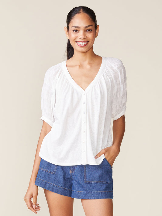 Textured Sleeve V-neck Linen Like Blouse