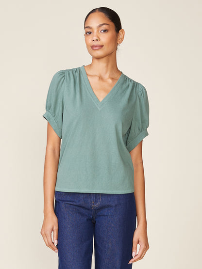 Linen Like V-Neck Short Sleeve Top