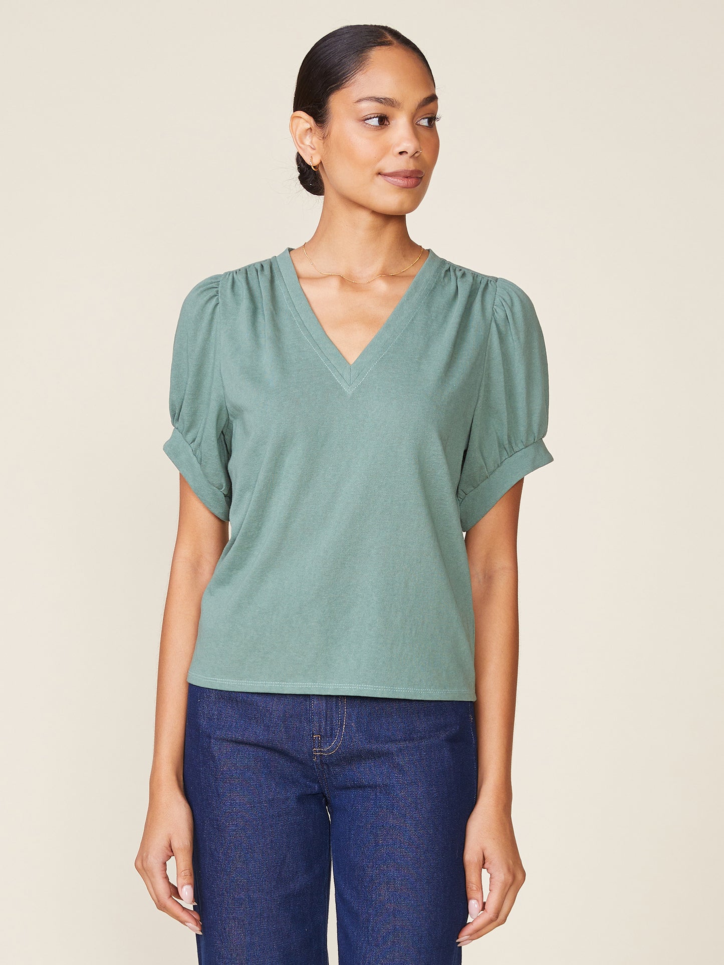 Linen Like V-Neck Short Sleeve Top