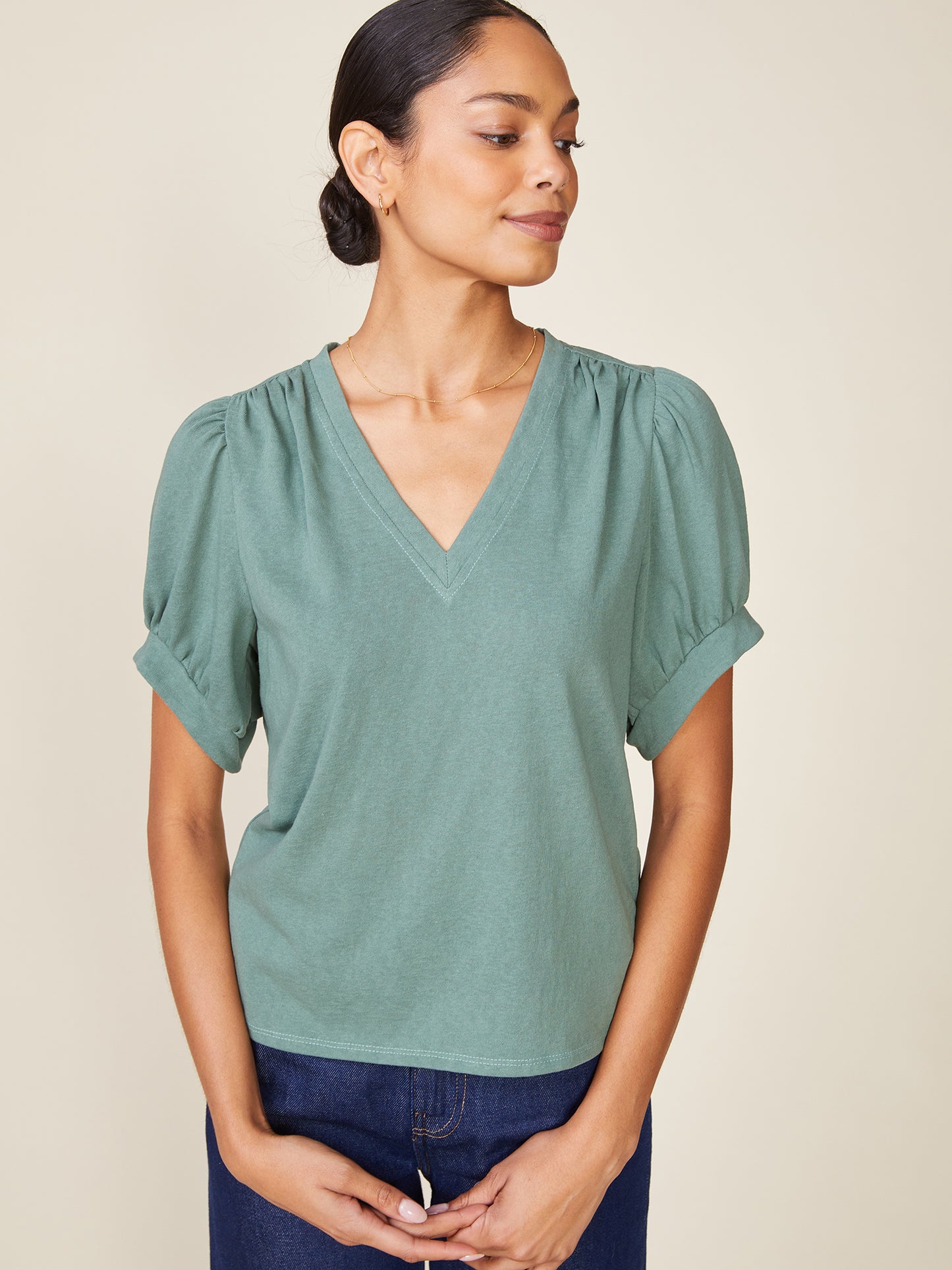 Linen Like V-Neck Short Sleeve Top