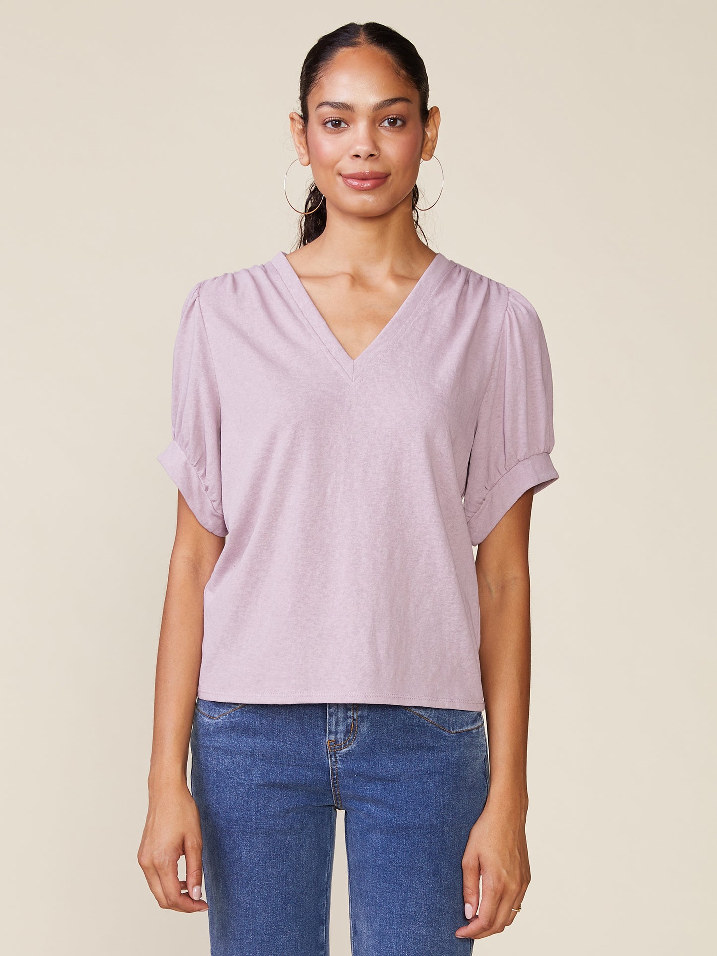 Linen Like V-Neck Short Sleeve Top