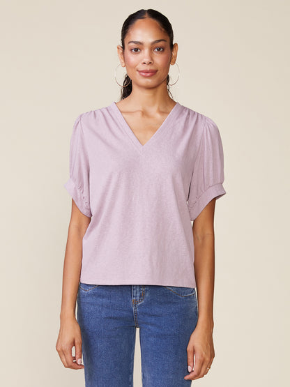 Linen Like V-Neck Short Sleeve Top