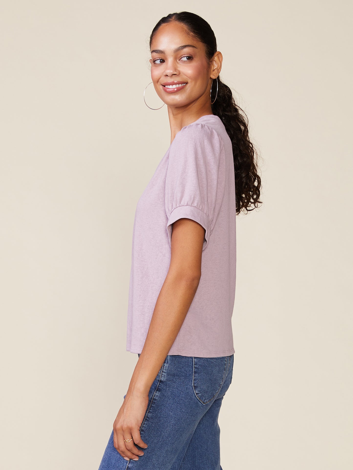 Linen Like V-Neck Short Sleeve Top