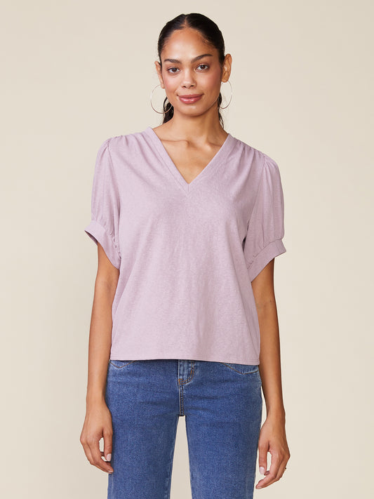 Linen Like V-Neck Short Sleeve Top