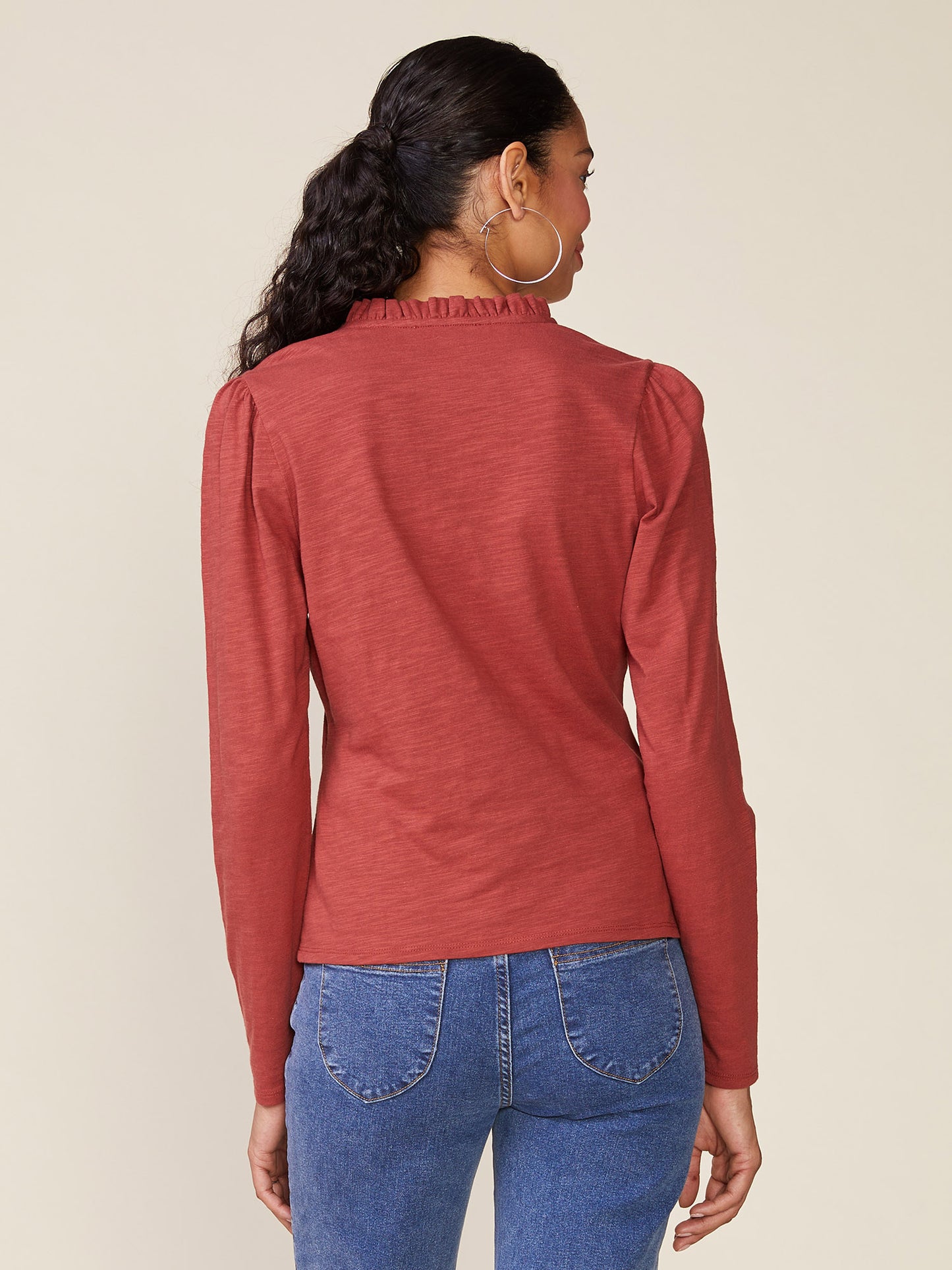 Long Sleeve Smock Bib Slub Top