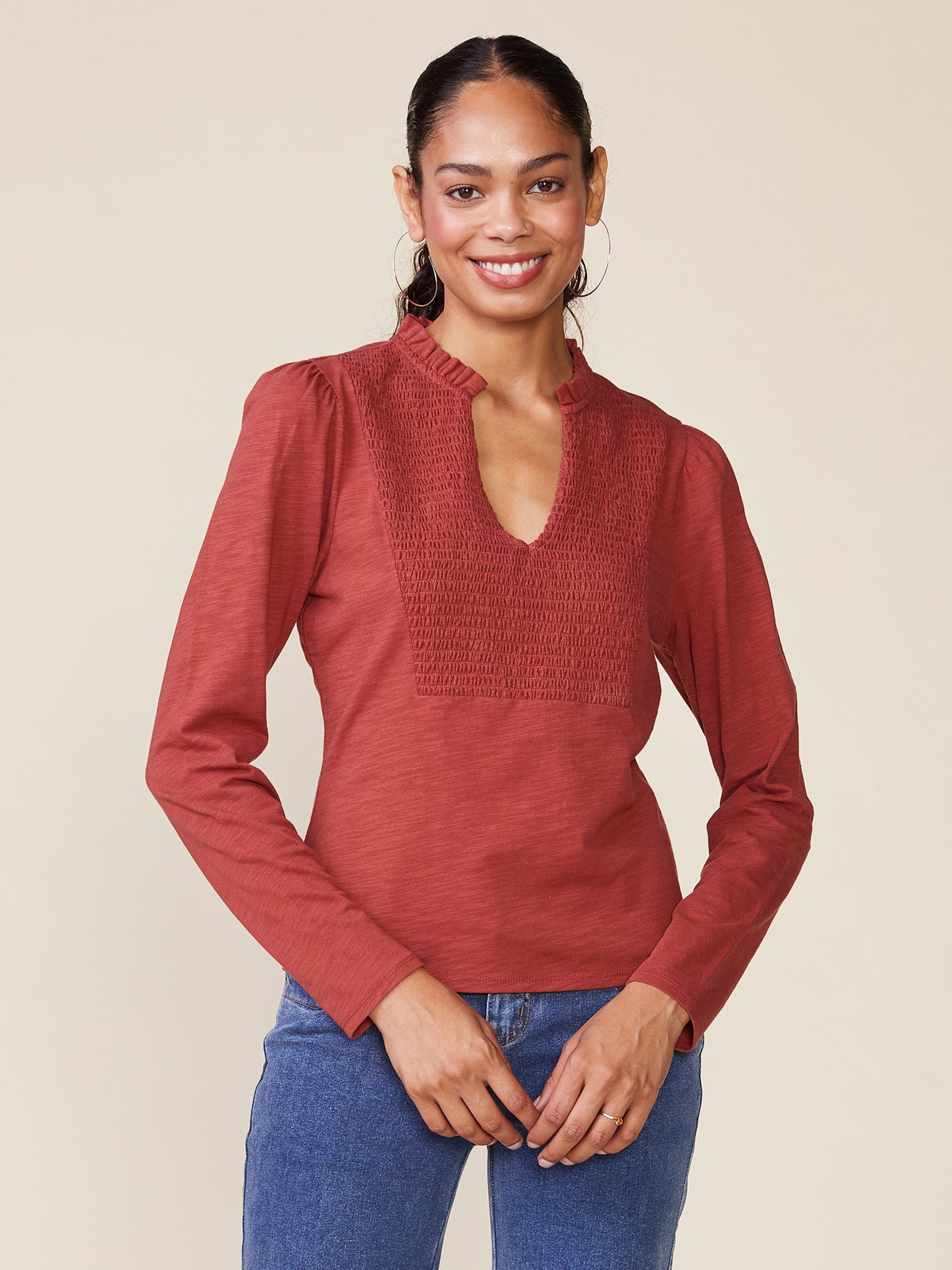 Long Sleeve Smock Bib Slub Top