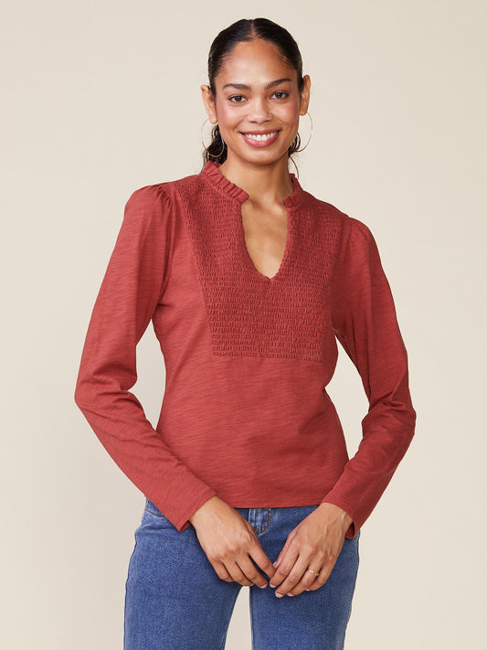 Long Sleeve Smock Bib Slub Top