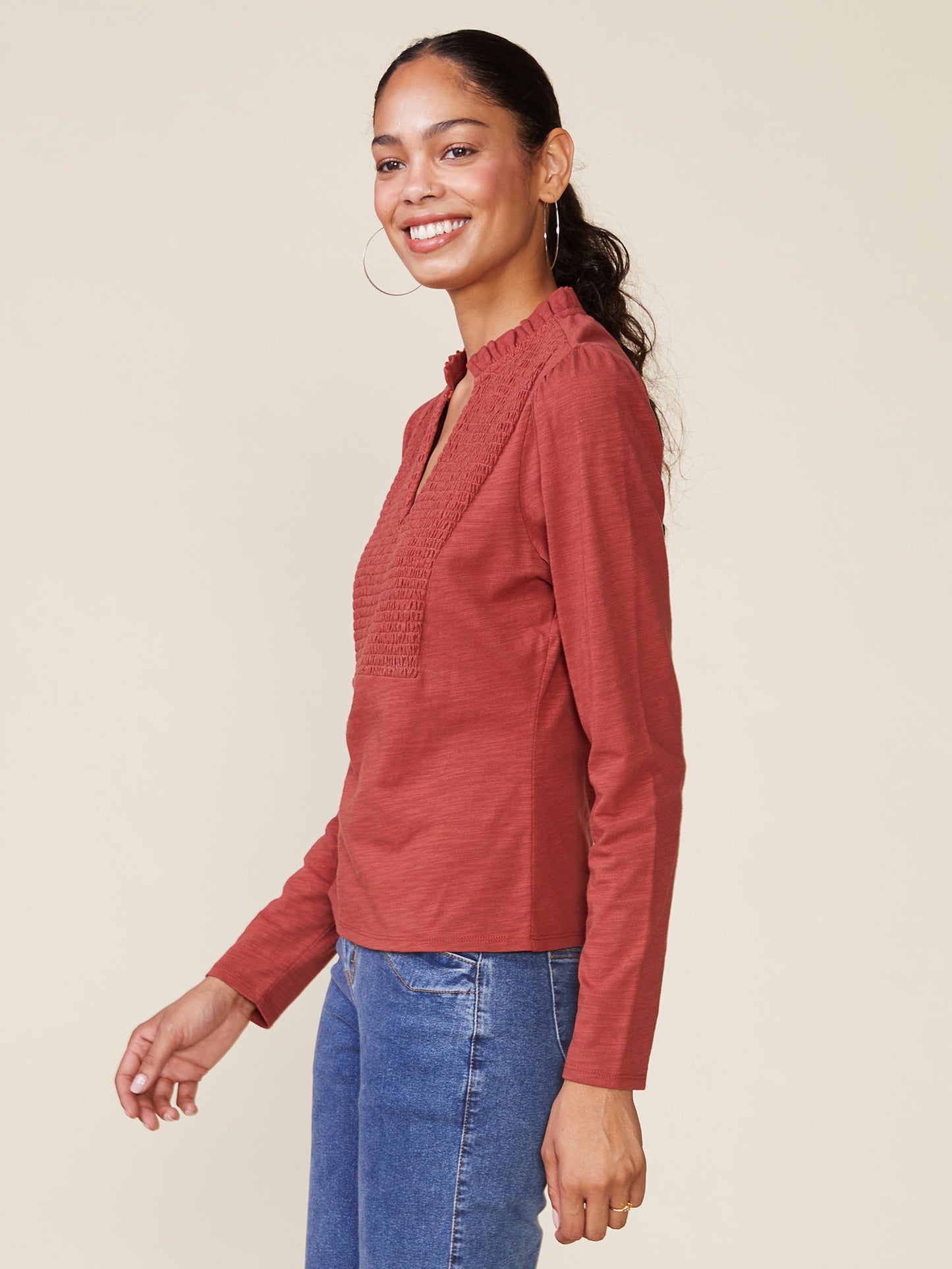 Long Sleeve Smock Bib Slub Top