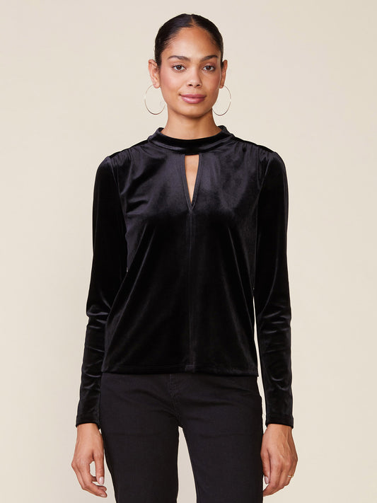 Mock Neck Keyhole Split Velvet Top
