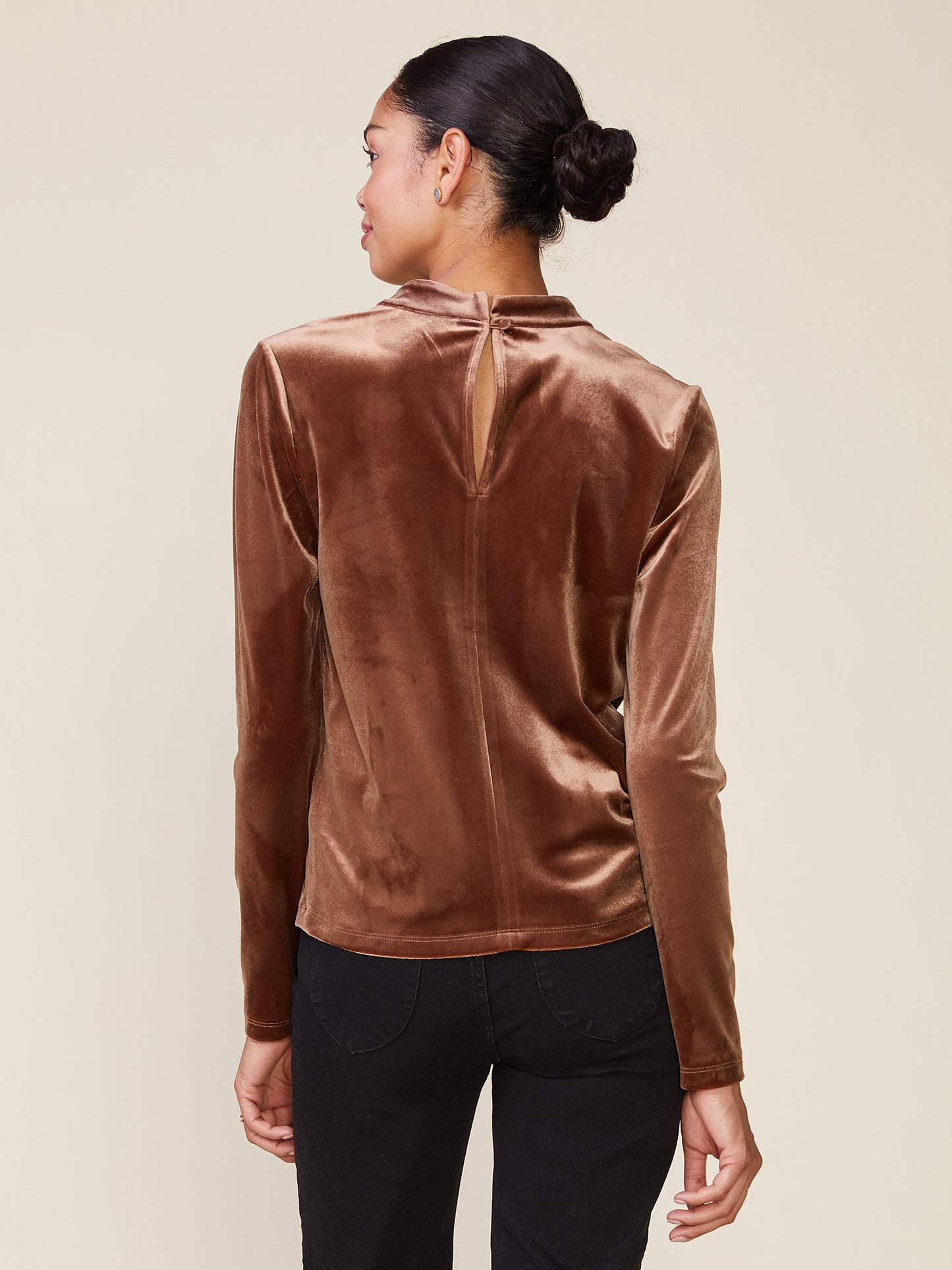 Mock Neck Keyhole Split Velvet Top