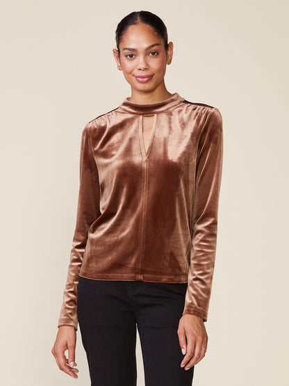 Mock Neck Keyhole Split Velvet Top