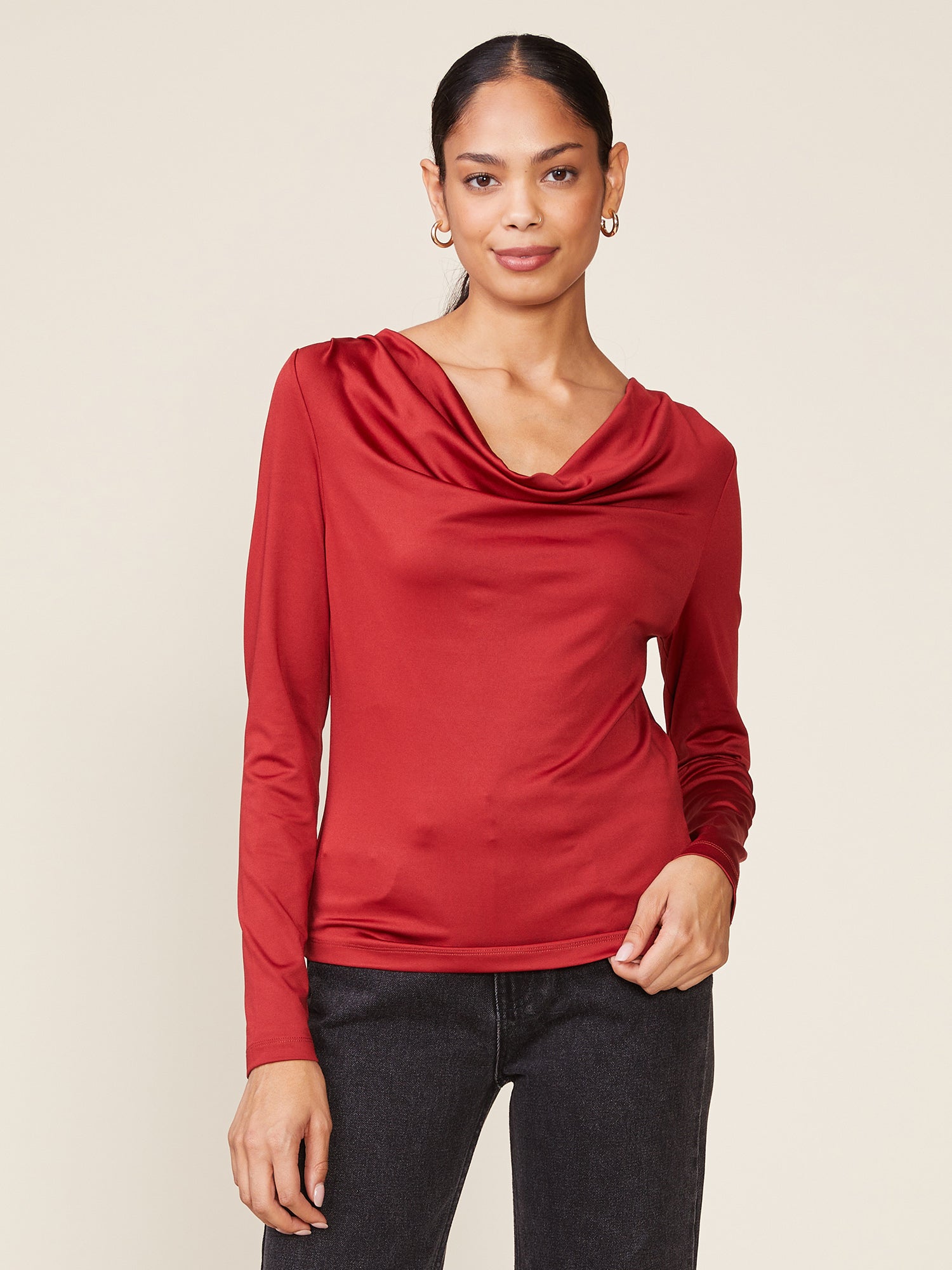 Long Sleeve Silky Knit Cowl Top