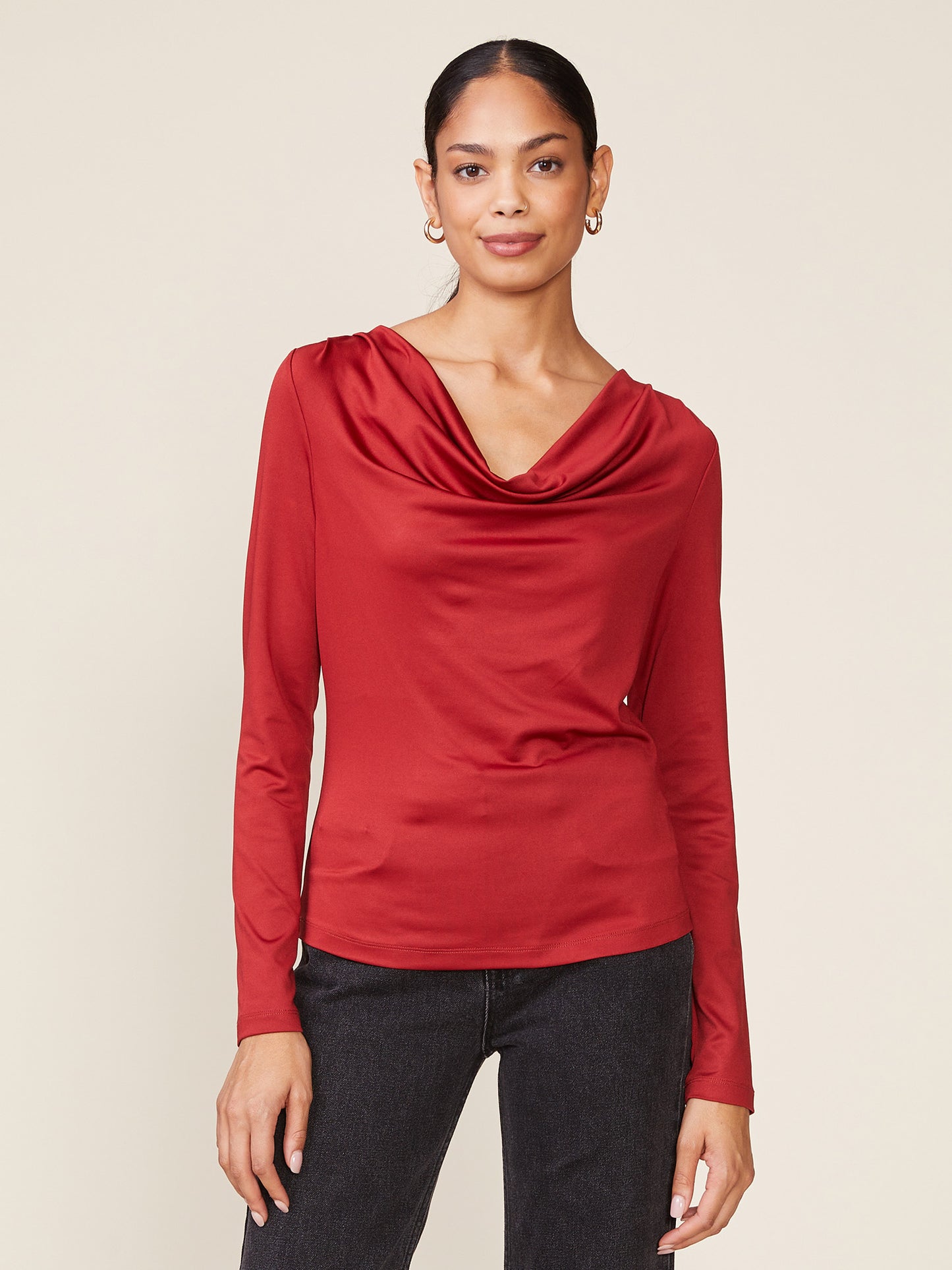 Long Sleeve Silky Knit Cowl Top