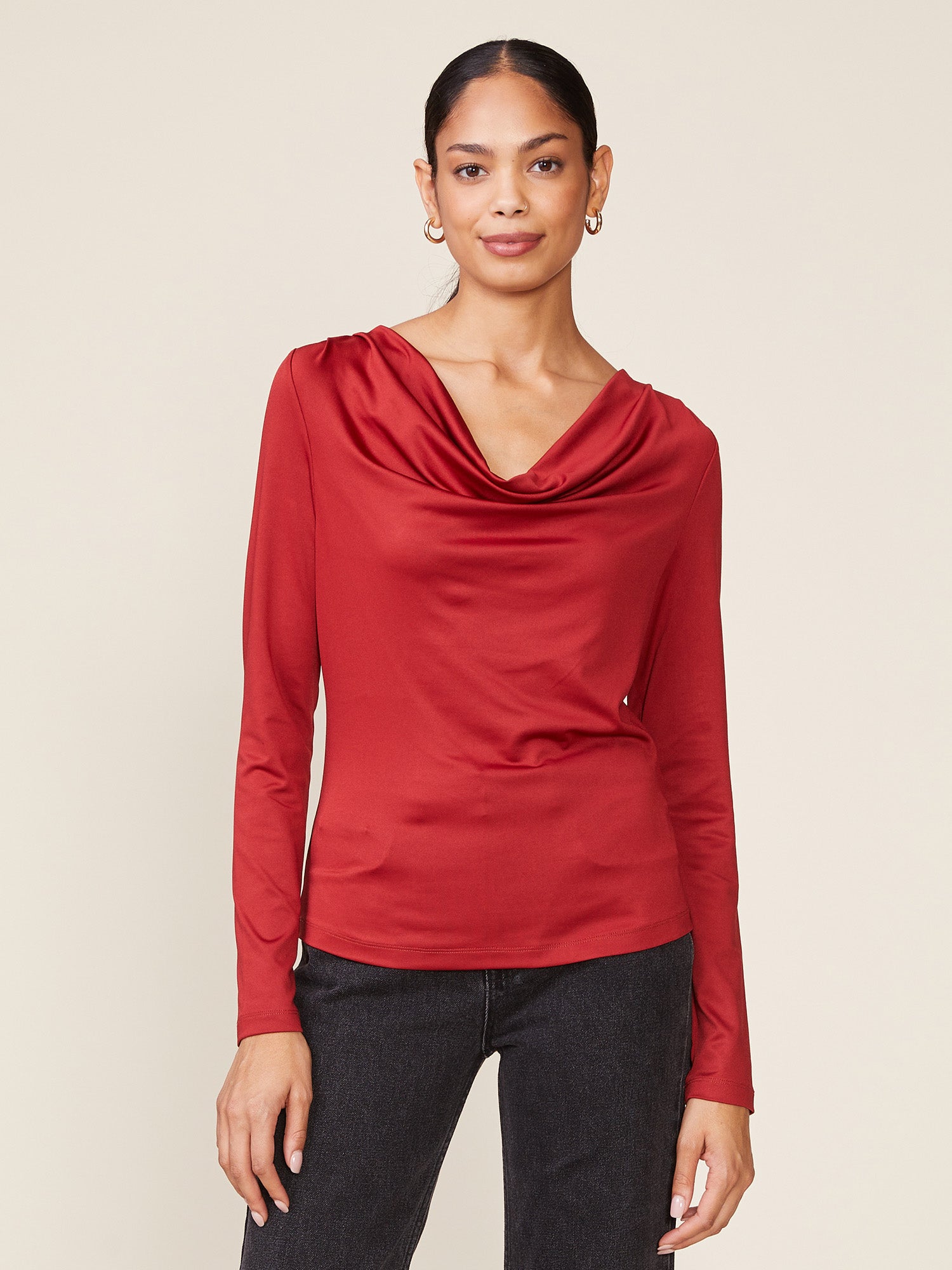 Long Sleeve Silky Knit Cowl Top