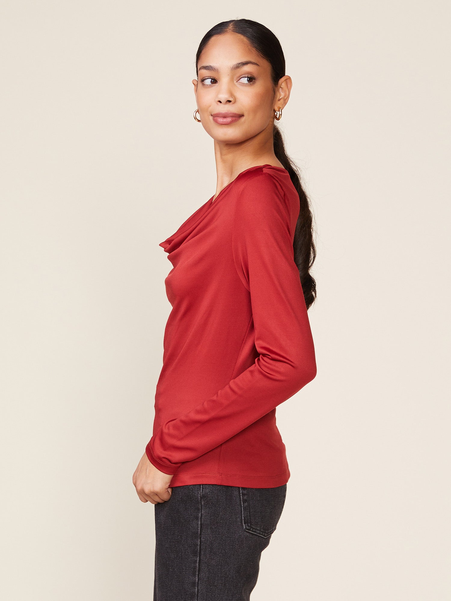 Long Sleeve Silky Knit Cowl Top