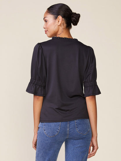 Ruffle Neck Silky Knit Elbow Sleeve Top