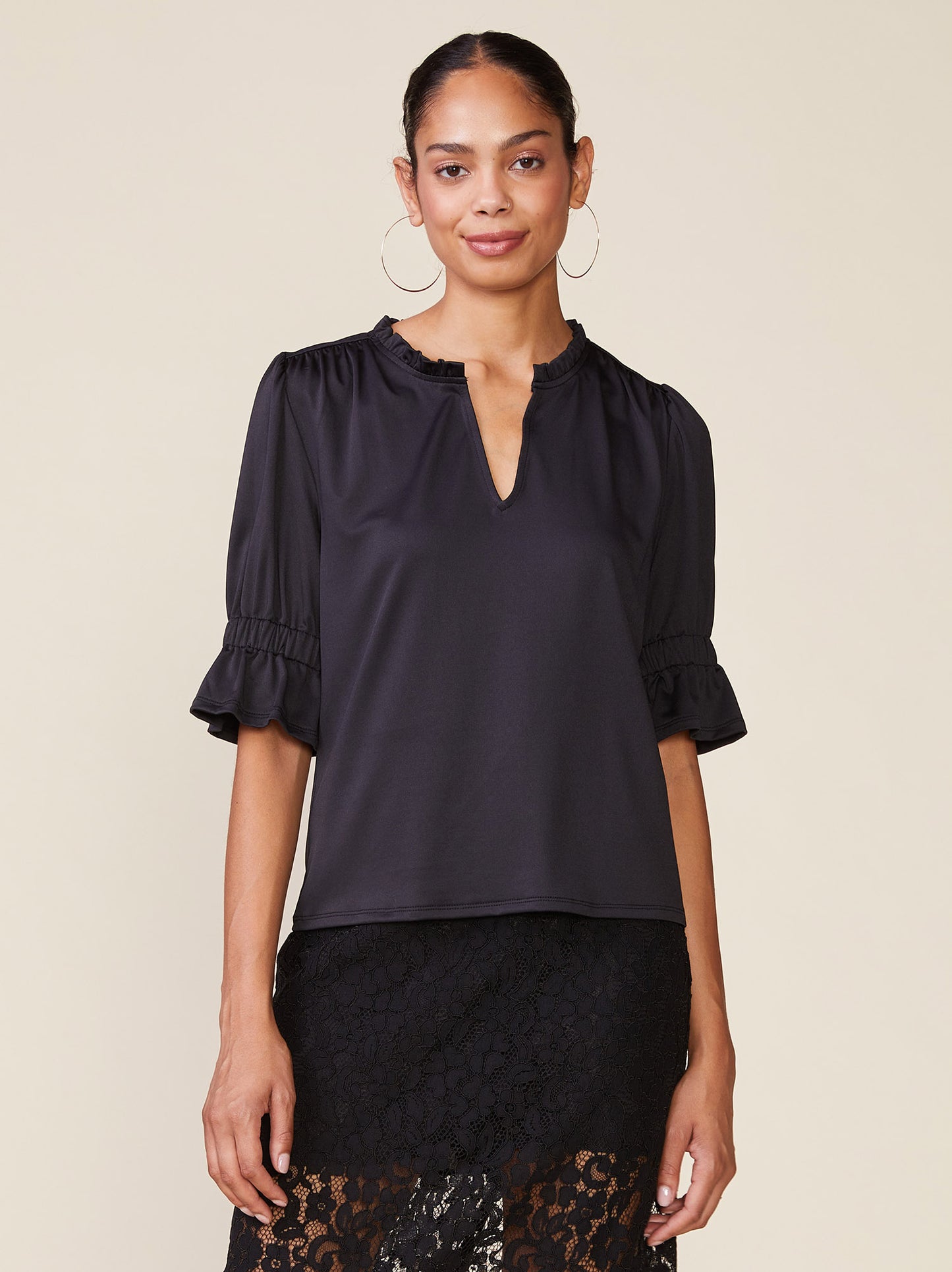 Ruffle Neck Silky Knit Elbow Sleeve Top