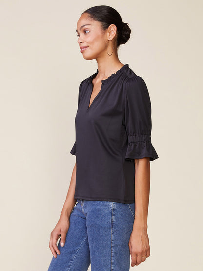 Ruffle Neck Silky Knit Elbow Sleeve Top