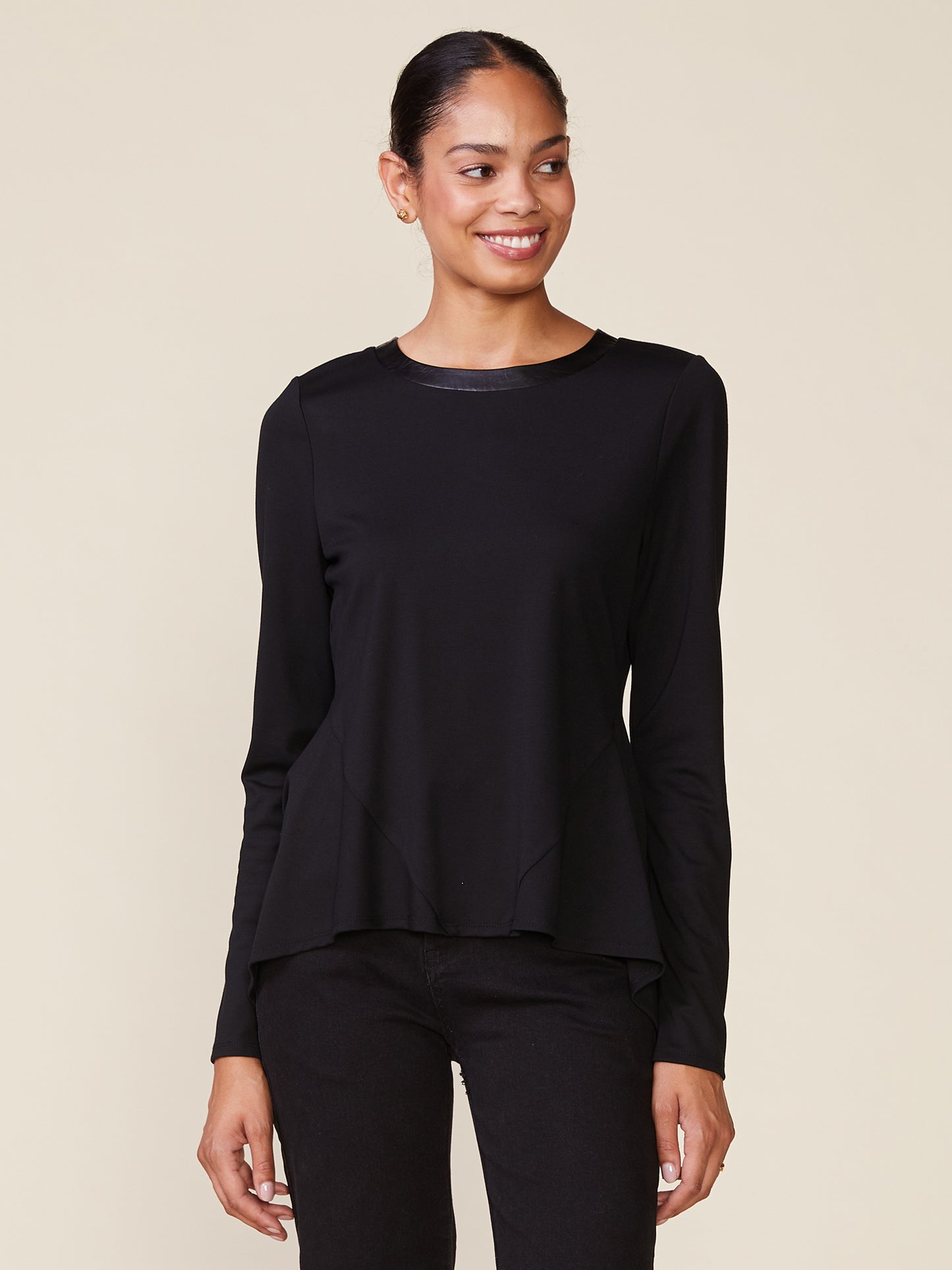 Mercury Ponte Top with Crinkle Faux Leather Neckline